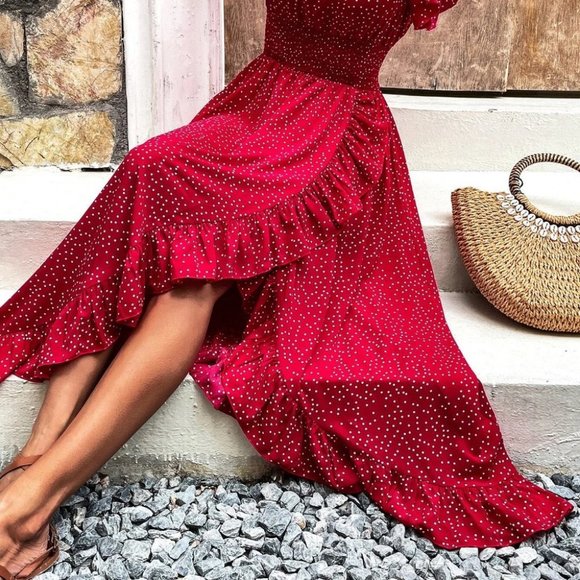 RED Boho Polka Dot Butterfly Sleeve Maxi Dress - Picture 4 of 6